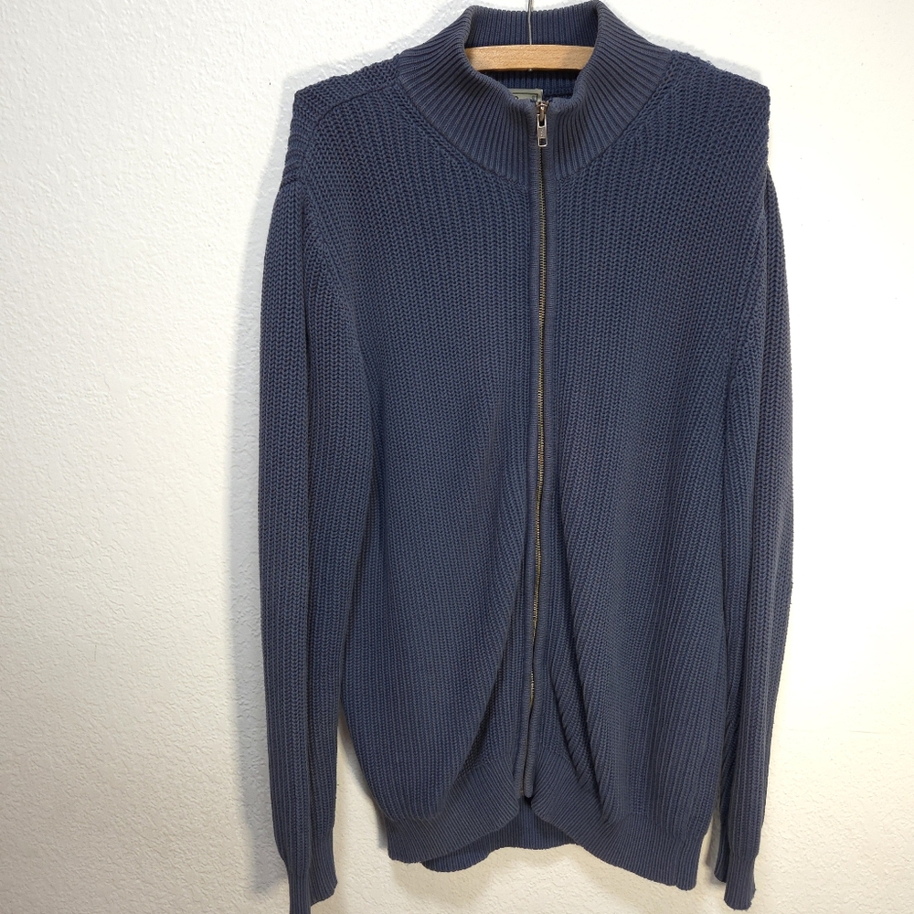 LL Bean Sweater Blue Knit Fisherman Full Zip Pullover Cardigan Adult Mens Size L